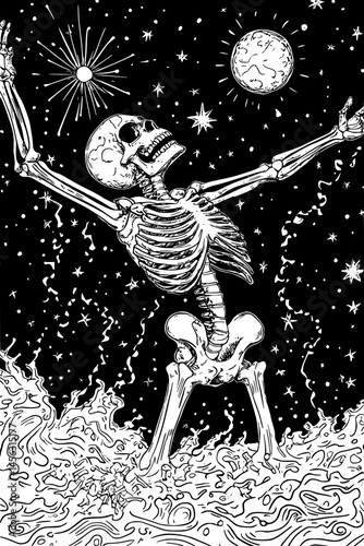 Dancing Bones Beneath Moonlit Sky, coloring book style, vector graphic