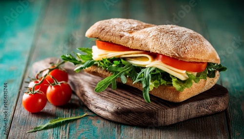 vegetarian clun sandvich with tomato cheese ruccola and green salad on the wooden background photo