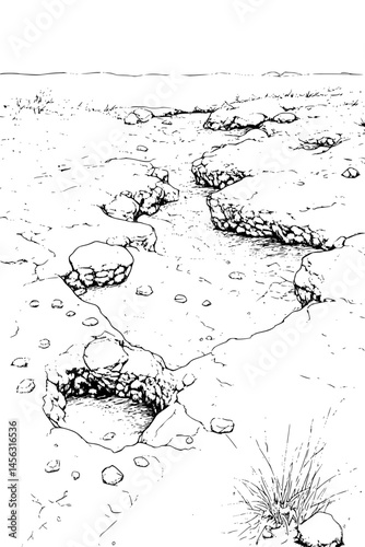 Fishing Holes Dotting Icy Expanse, coloring book style, vector graphic