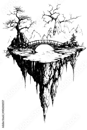 Floating Island With Connected Bridges, coloring book style, vector graphic