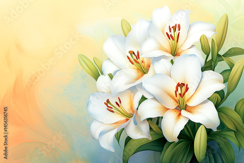 Painting of three white lilies with green leaves. The painting has a bright and cheerful mood, with the white flowers and green leaves creating a sense of freshness and vitality
