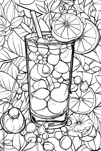 Fruit Juice In Tall Glass, coloring book style, vector graphic