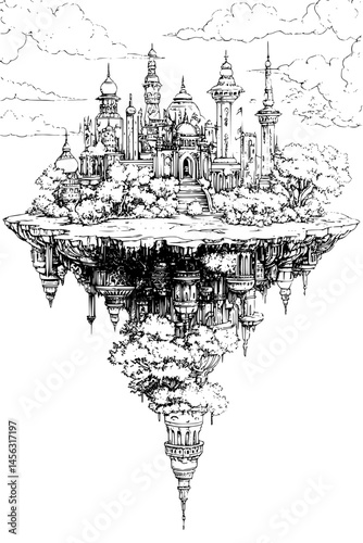 Gardens Thriving On Suspended Earth, coloring book style, vector graphic