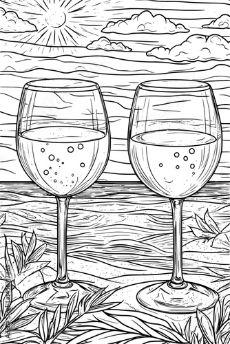 Glasses Clinking Together During Sunset, coloring book style, vector graphic