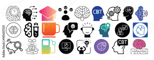 Set of Psycology, Neuroscience, Brainwaves, Cognitive behavior, Mental care and Mind mapping icon set collection vector design.