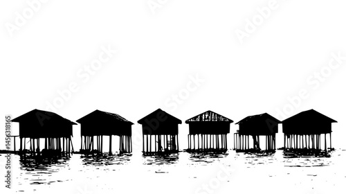Huts Under Cloudy Sky, vector graphic