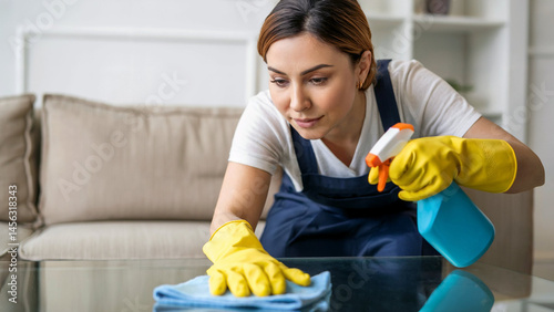 Woman Cleaning Glass Table with Spray Bottle and Cloth Housekeeping and Hygiene Concept