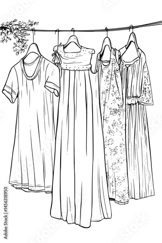 Linen Garments Hanging From Clothesline, coloring book style, vector graphic