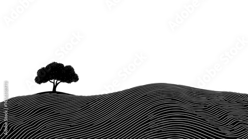 Lone Tree Atop Rolling Terrain, vector graphic