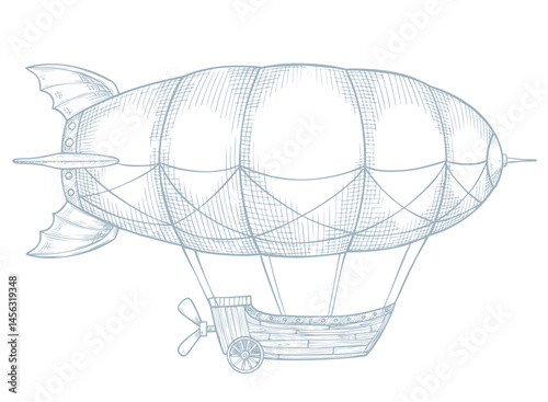 Vector illustration of a Dirigible Airship in outline style with detailed hatching and line shading. Drawing of Zeppelin for retro adventure designs, children books or Baby shower invitations.