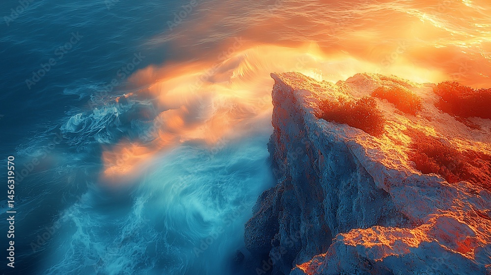 Naklejka premium Dramatic coastal sunset. Powerful waves crash against a rocky cliff, illuminated by a fiery golden light