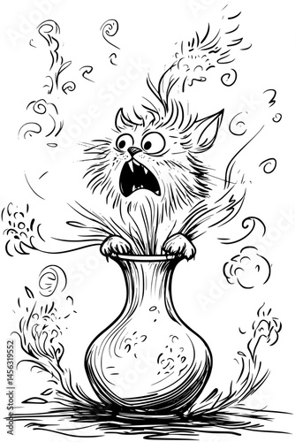 Mischievous Feline Knocking Over Vase, coloring book style, vector graphic