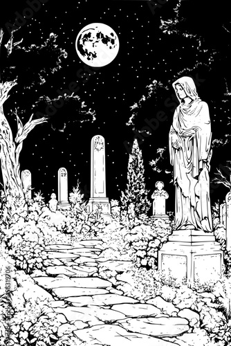 Moonlit Graveyard And Tall Statues, coloring book style, vector graphic
