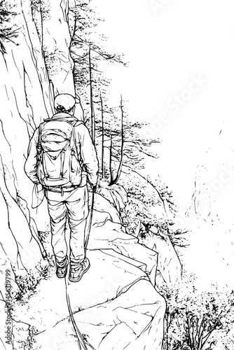 Mountaineer Traversing Narrow Ridge Path, coloring book style, vector graphic