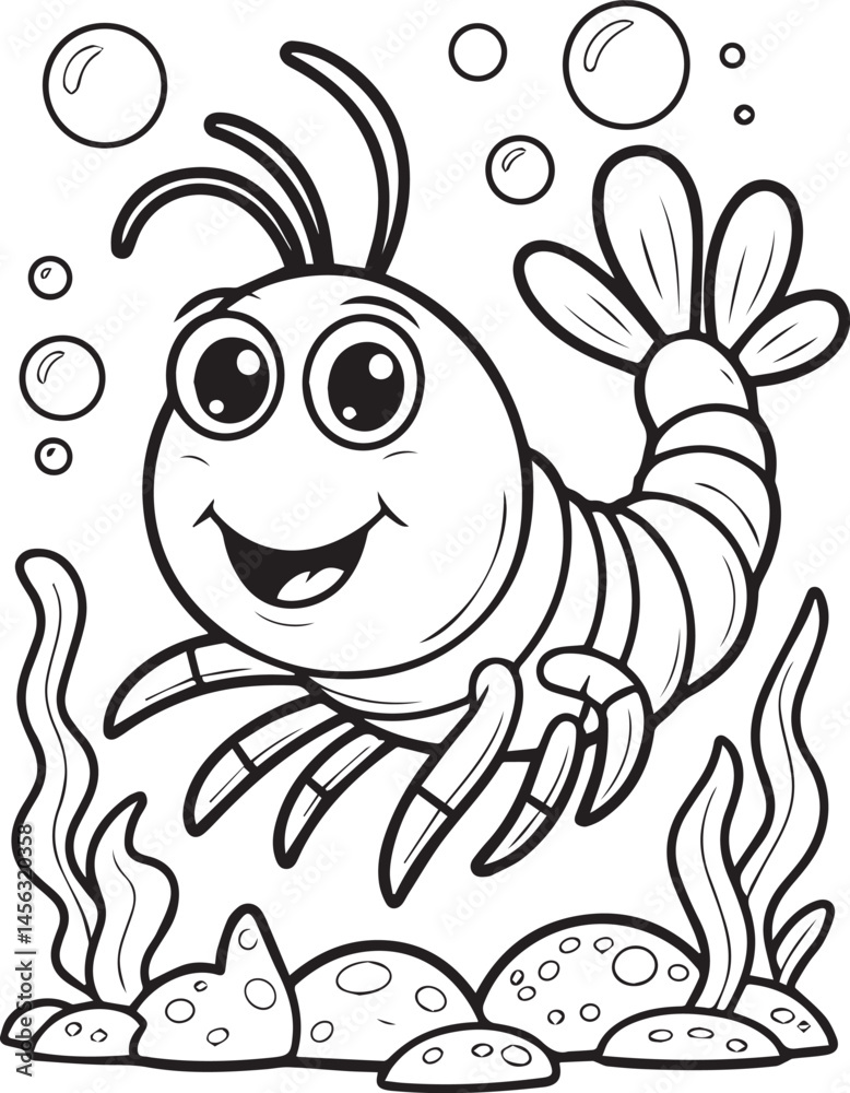 Obraz premium Cute cartoon shrimp in underwater scenery black line art vector illustration for children coloring book