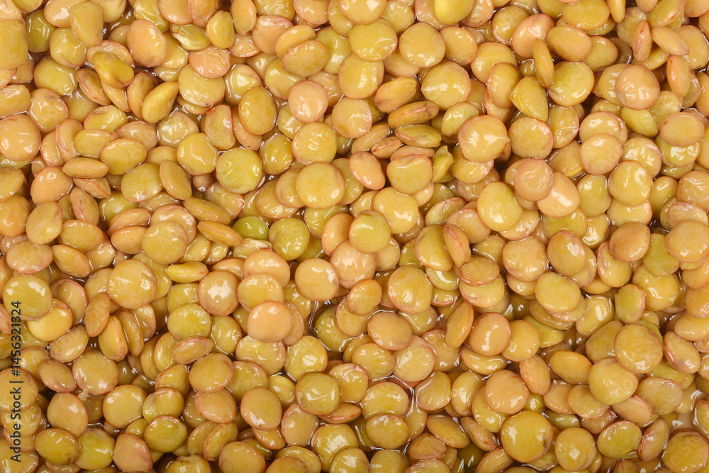 A close-up shows a dense pile of rehydrated raw lentils with a smooth, slightly shiny texture