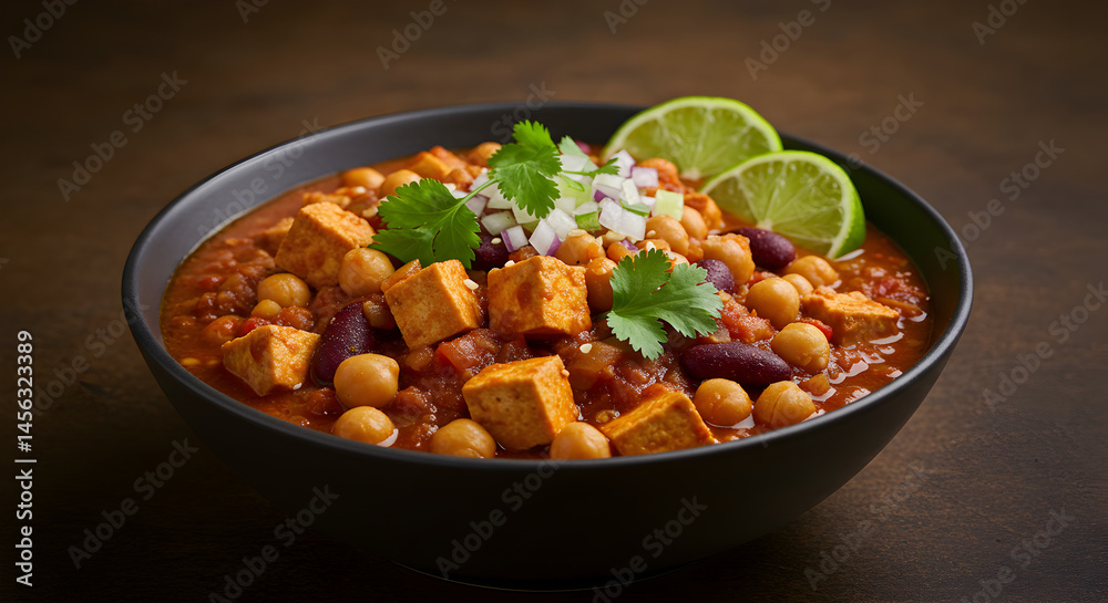 Hearty Vegan Chili with Tofu Cubes Garnished with Lime and Cilantro Hearty Vegan Chili with Tofu Cubes Garnished with Lime and Cilantro