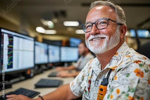 Smiling man in control room, focused on monitor
