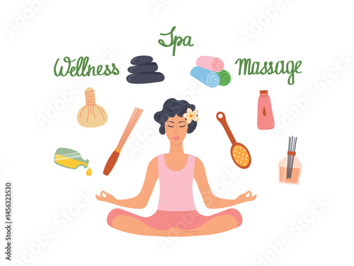 Woman in lotus position surrounded by elements for spa, massage, wellness and relaxation. Vector illustration of modern woman taking care of her health, on white background