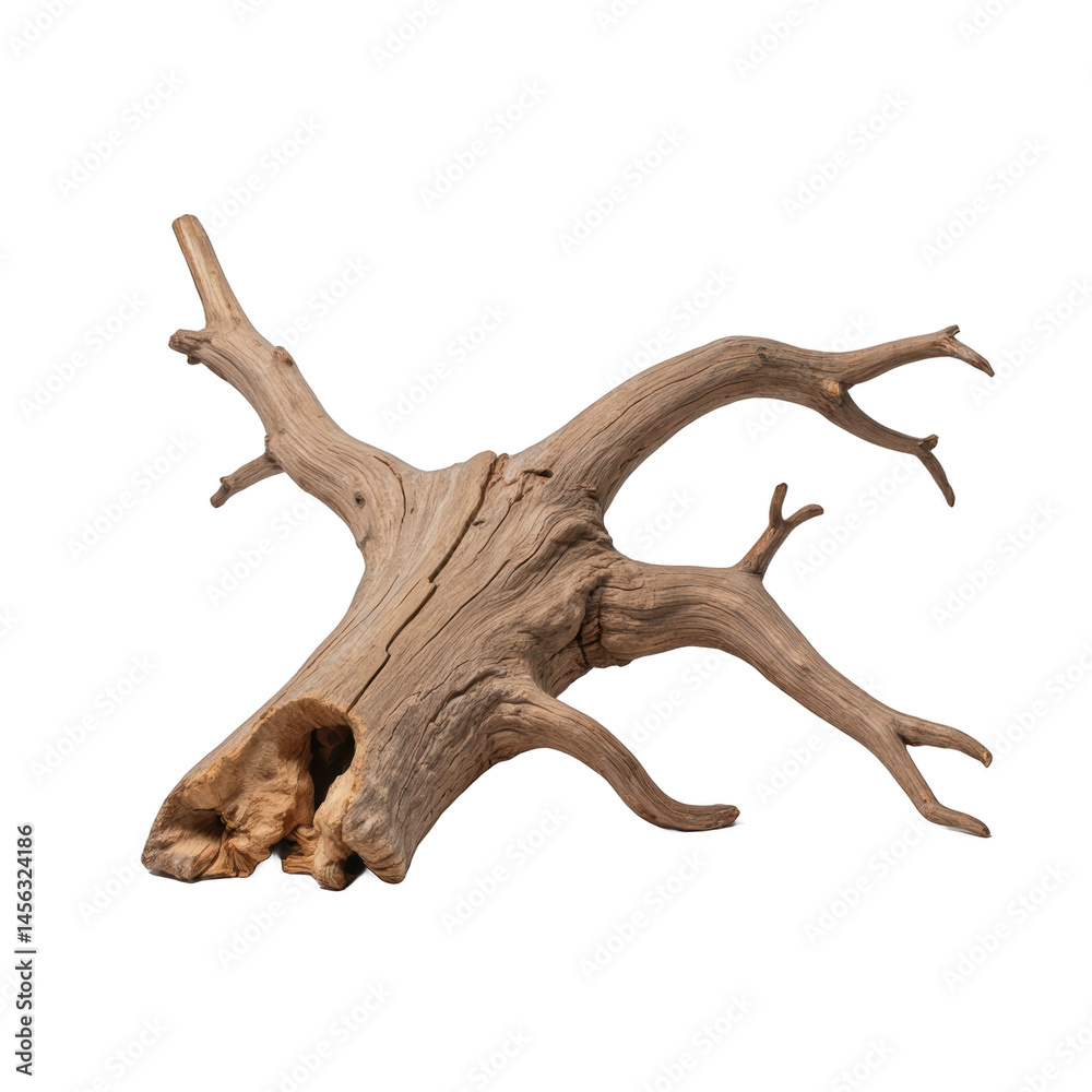 Fototapeta premium Unique driftwood piece, natural texture and shape, perfect for home decor or artistic displays, highlighted against plain backdrop. Isolated on white background or PNG