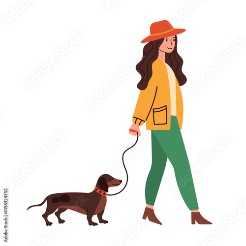 Young woman in hat walking dog on leash, isolated flat characters in cartoon style.