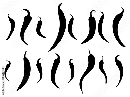 Black chili pepper silhouettes set. Collection of spicy capsicum shapes. Isolated on white background. Perfect for food design, packaging, labels, covers, banners. Vector illustration