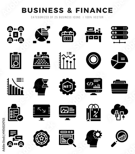 Business & Finance Glyph icons collection. Glyph icons pack. Vector illustration