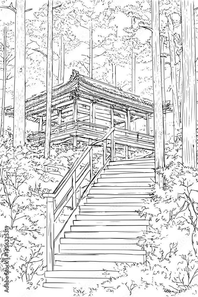 Fototapeta premium Wooden Structure Nestled Among Pines, coloring book style, vector graphic