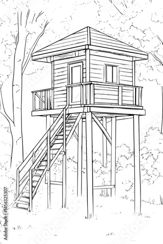Wooden Structure Built On Stilts, coloring book style, vector graphic