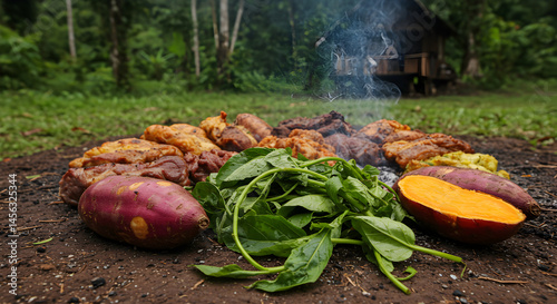 Authentic Jungle Feast With Roasted Meat And Fresh Green Vegetables