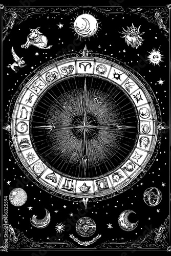 Zodiac Wheel With Signs And Stars, coloring book style, vector graphic