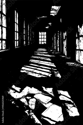 Abandoned Asylum With Broken Windows, coloring book style, vector illustration art