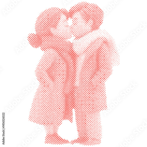A cartoon couple in love standing kissing at each other with halftone retro modern