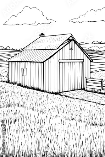 Barn With Open Field View, coloring book style, vector illustration art