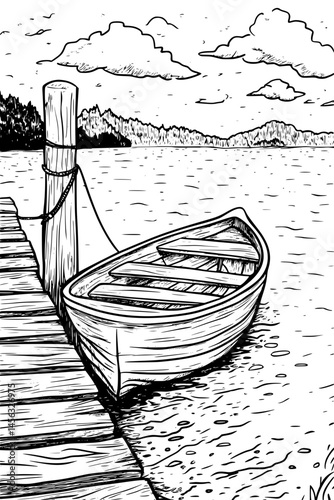 Boat Tied To Wooden Pier Post, coloring book style, vector illustration art