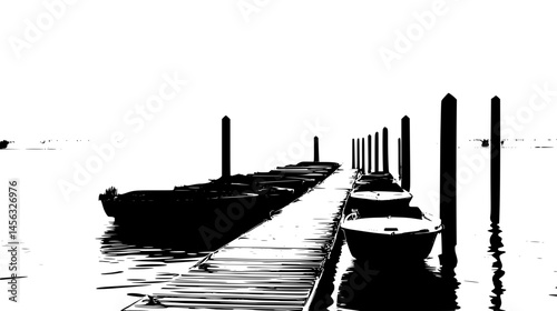 Boats Lined Up Along Riverside Dock, vector illustration art