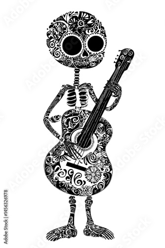 Bony Figure Playing Forgotten Instrument, coloring book style, vector illustration art