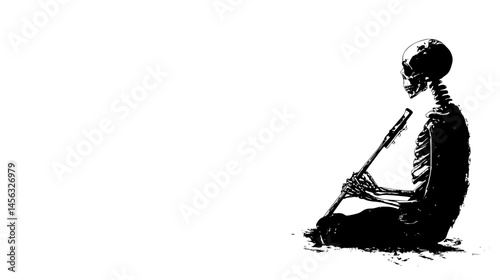 Bony Figure Playing Forgotten Instrument, vector illustration art