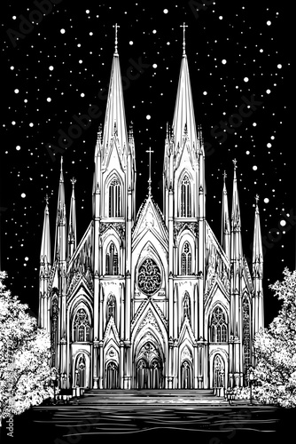 Cathedral Spires Piercing Night Sky, coloring book style, vector illustration art