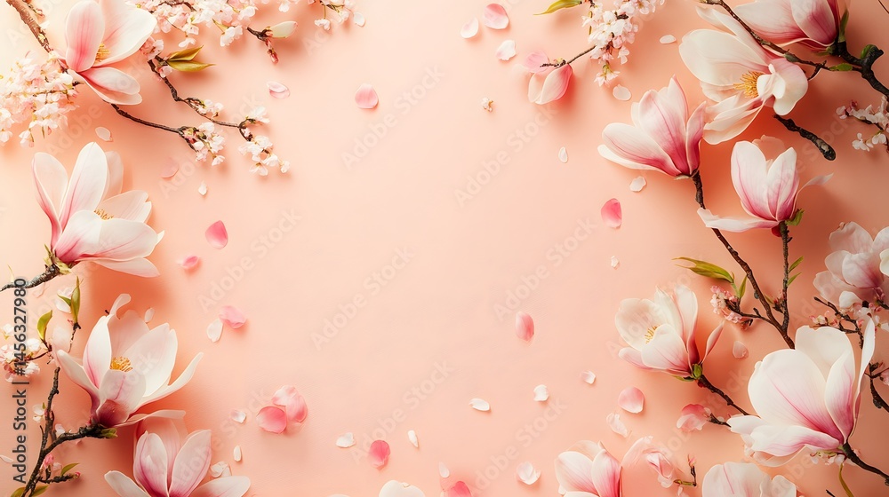 Fototapeta premium Delicate floral arrangement, soft pink magnolia and cherry blossoms.