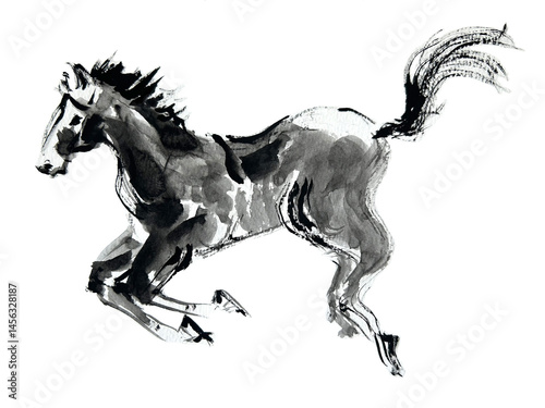 年賀状 デザイン用　走る馬の手書き和風筆イラスト