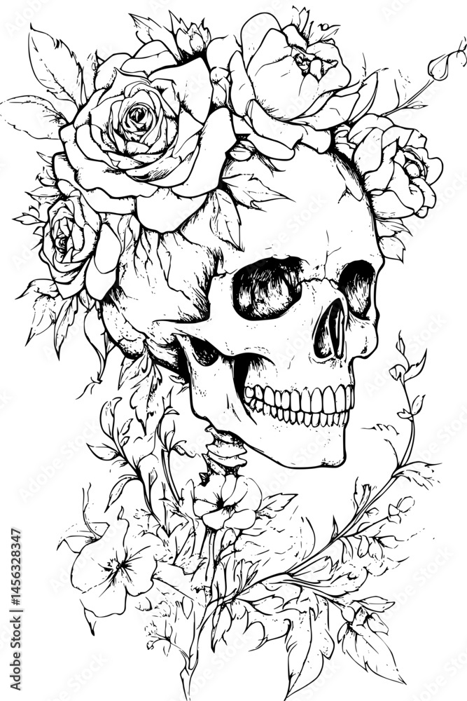 Fototapeta premium Crown Of Roses On Skull, coloring book style, vector illustration art