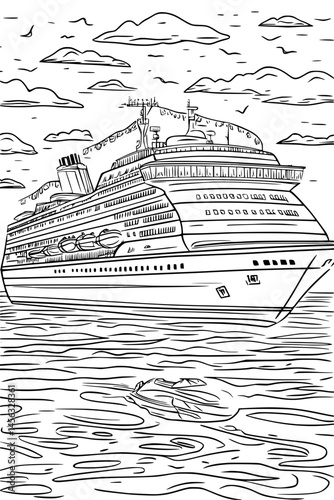 Cruise Ship Sailing Toward Sunset Horizon, coloring book style, vector illustration art