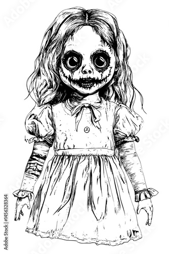 Creepy Doll With Missing Eyes, coloring book style, vector illustration art
