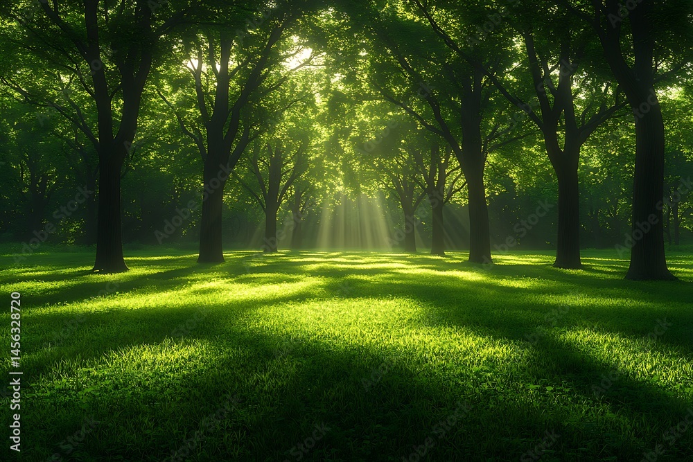 Naklejka premium Majestic sunlight streaming through trees in a lush green forest park landscape