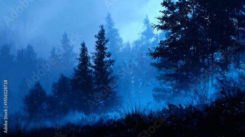Fantasy inspired dreary sunrise forest scene.