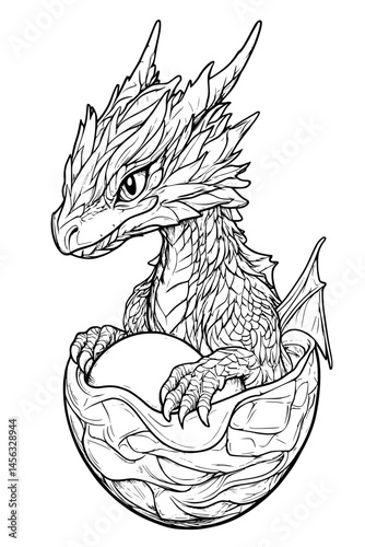 Dragon Hatching From Crystalline Egg, coloring book style, vector illustration art