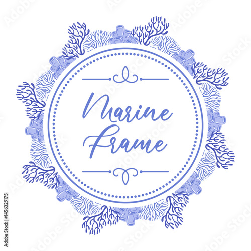 illustration features a stunning round frame made of intricate corals, showcasing a vibrant array of marine life. Perfect for ocean-themed projects, it captures the enchanting beauty