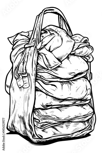 Duffel Bag Packed With Folded Clothes, coloring book style, vector illustration art