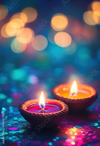 Diwali Diyas in the Festive Background, Indian Culture and Hindu Diwali Traditions